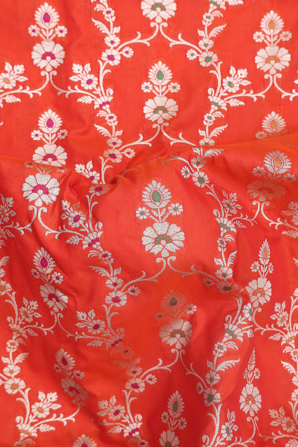 Banarasi Silk Saree In Spiced Orange With Floral Design