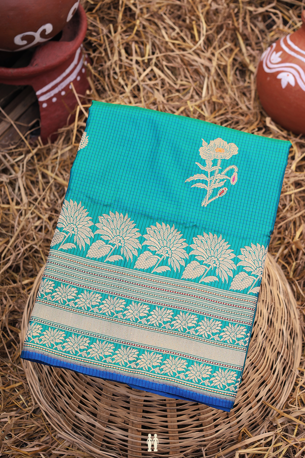 Banarasi Silk Saree In Teal Blue With Checks Design
