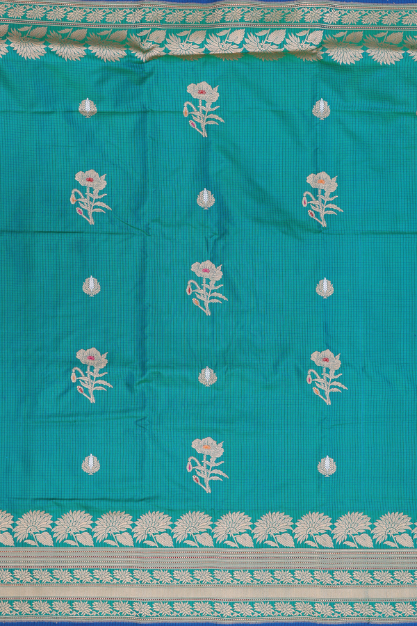 Banarasi Silk Saree In Teal Blue With Checks Design