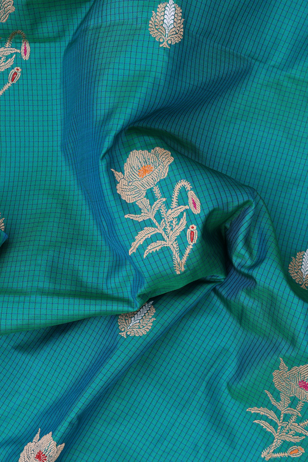 Banarasi Silk Saree In Teal Blue With Checks Design
