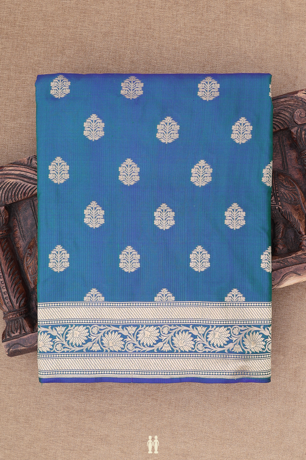 Banarasi Silk Saree In Teal Blue With Floral Buttas