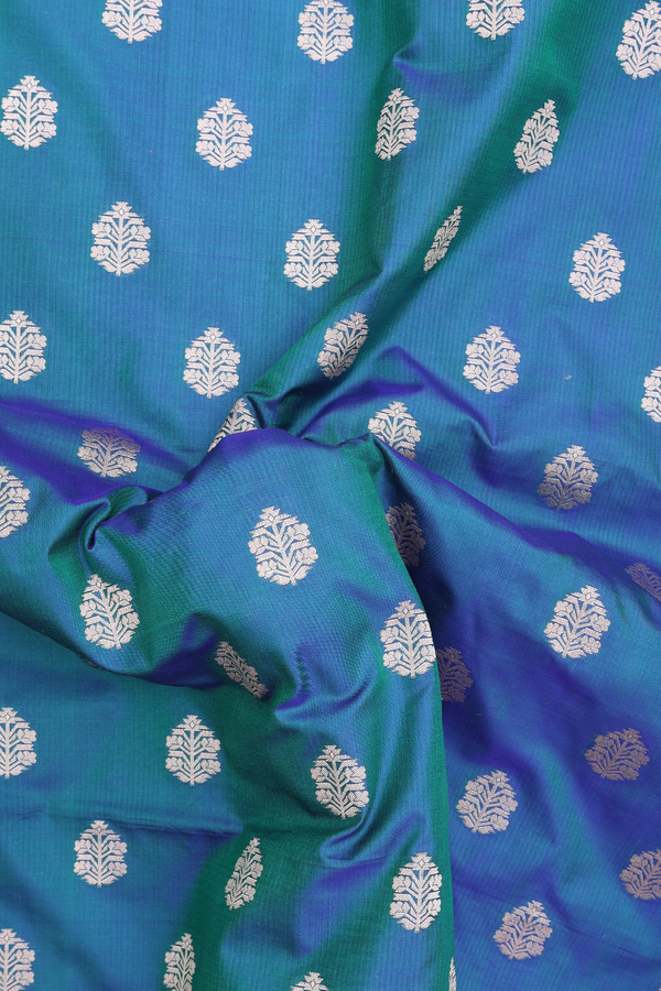 Banarasi Silk Saree In Teal Blue With Floral Buttas