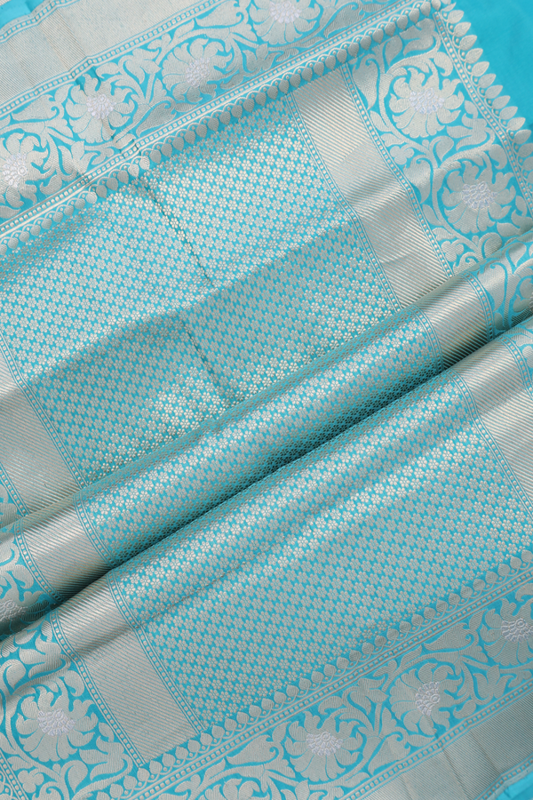 Banarasi Silk Saree In Turkish Blue With Floral Design