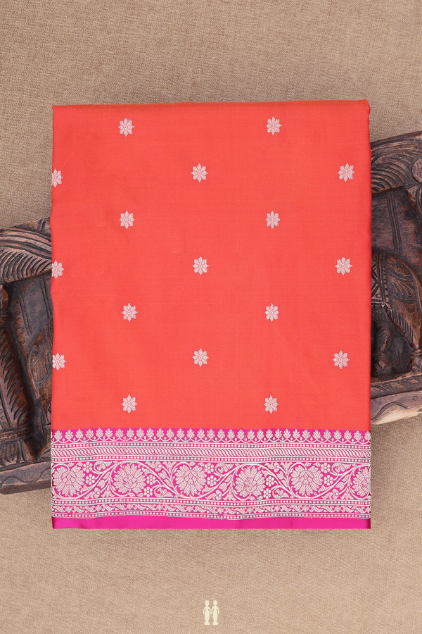 Banarasi Silk Saree In Vermillion Red With Floral Buttas