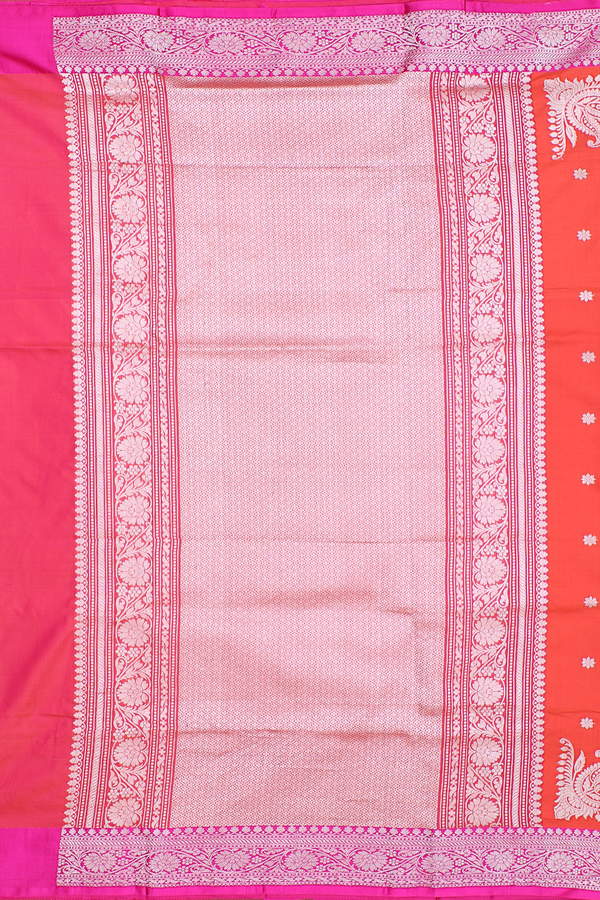 Banarasi Silk Saree In Vermillion Red With Floral Buttas