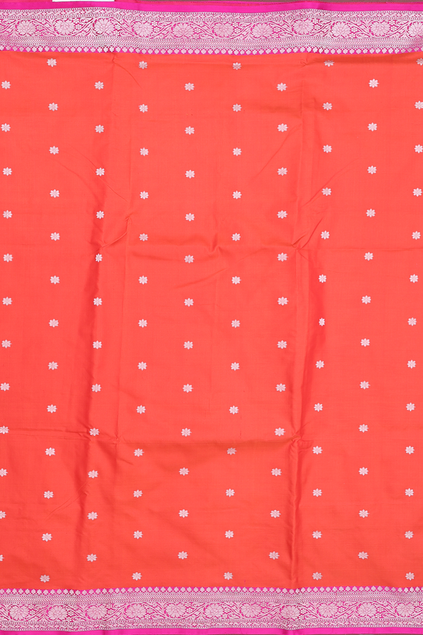 Banarasi Silk Saree In Vermillion Red With Floral Buttas