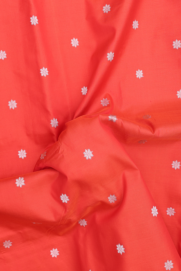 Banarasi Silk Saree In Vermillion Red With Floral Buttas