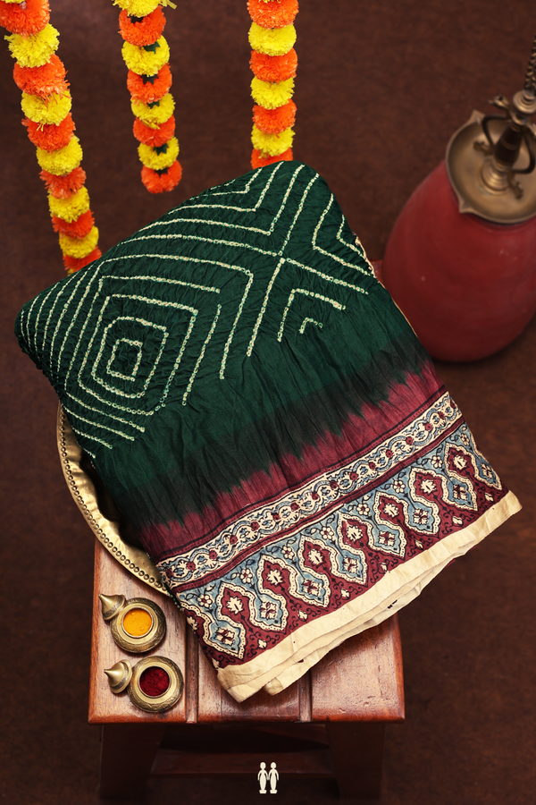 Bandhani Silk Saree In Bottle Green With Tie And Dye Design