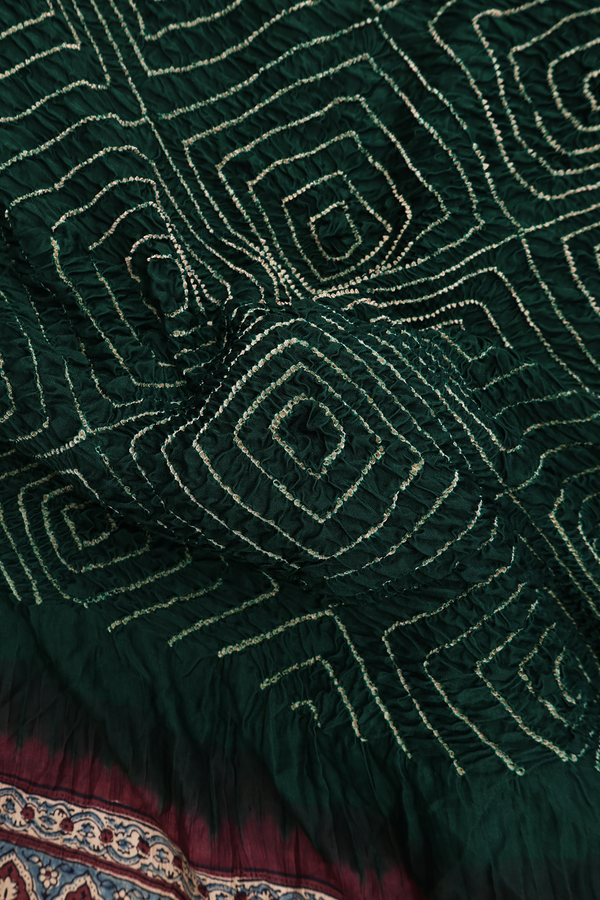 Bandhani Silk Saree In Bottle Green With Tie And Dye Design