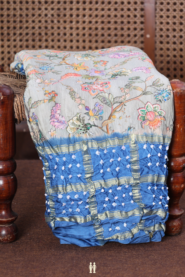 Bandhani Silk Saree In Grey With Floral Design