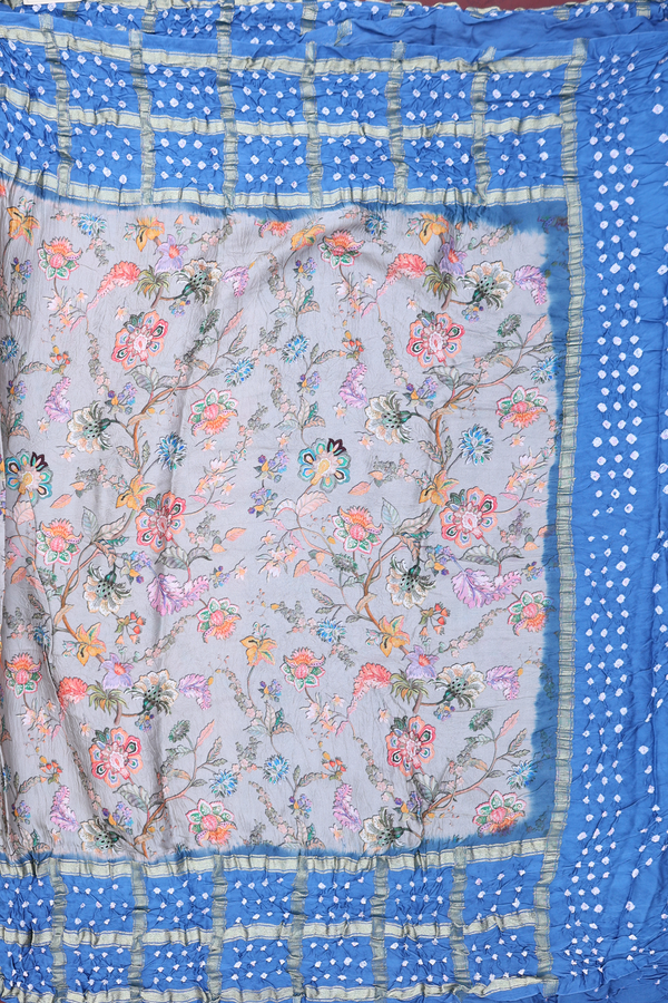 Bandhani Silk Saree In Grey With Floral Design