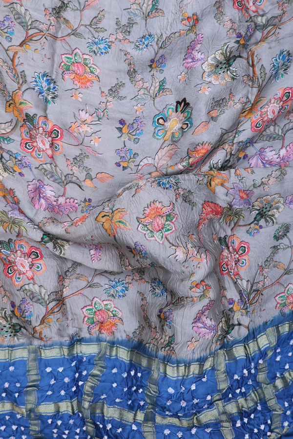 Bandhani Silk Saree In Grey With Floral Design