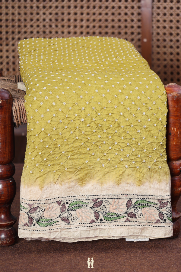 Bandhani Silk Saree In Olive Yellow With Tie And Dye Design