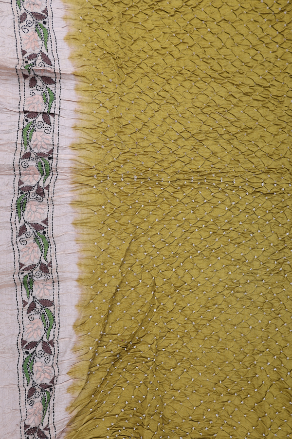 Bandhani Silk Saree In Olive Yellow With Tie And Dye Design