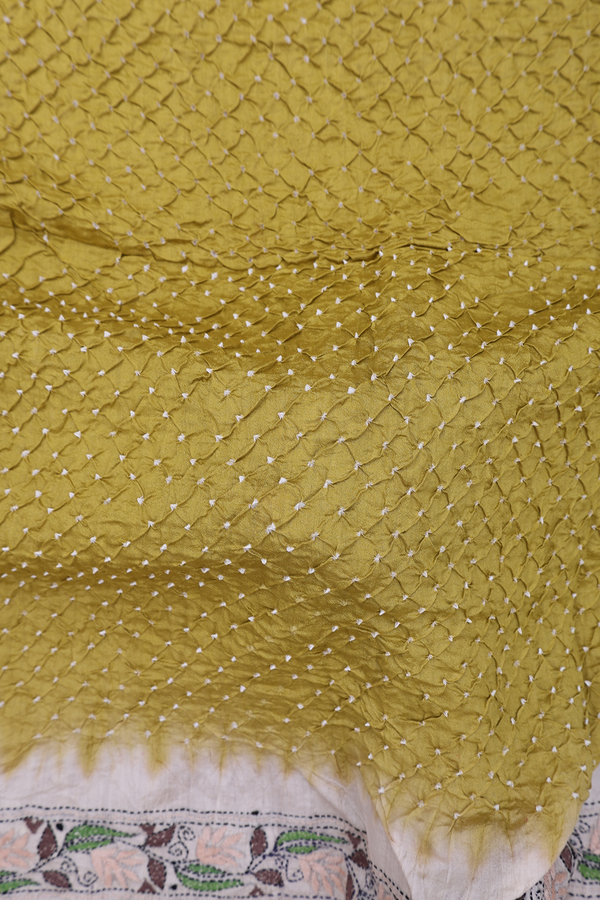 Bandhani Silk Saree In Olive Yellow With Tie And Dye Design