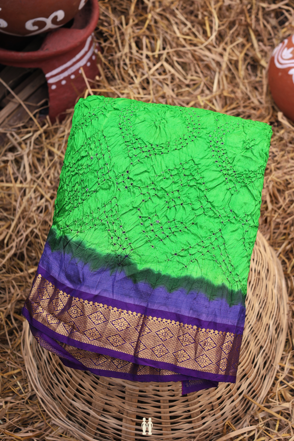 Bandhani Silk Saree In Parrot Green With Tie And Dye Design