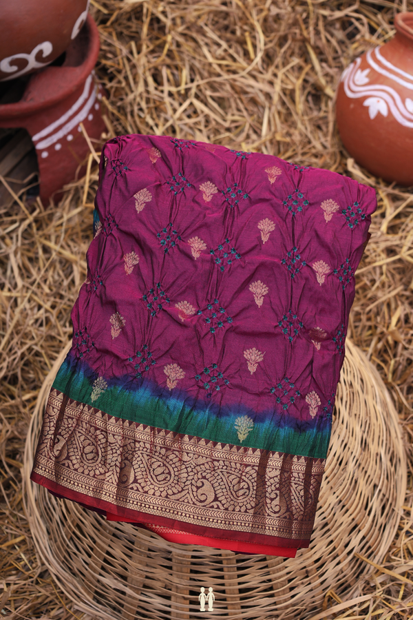 Bandhani Silk Saree In Purple With Floral Buttas