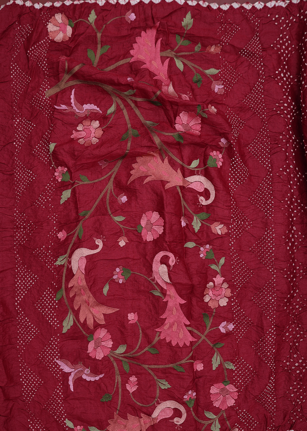 Bandhani Silk Saree In Rust Red With Tie And Dye Design