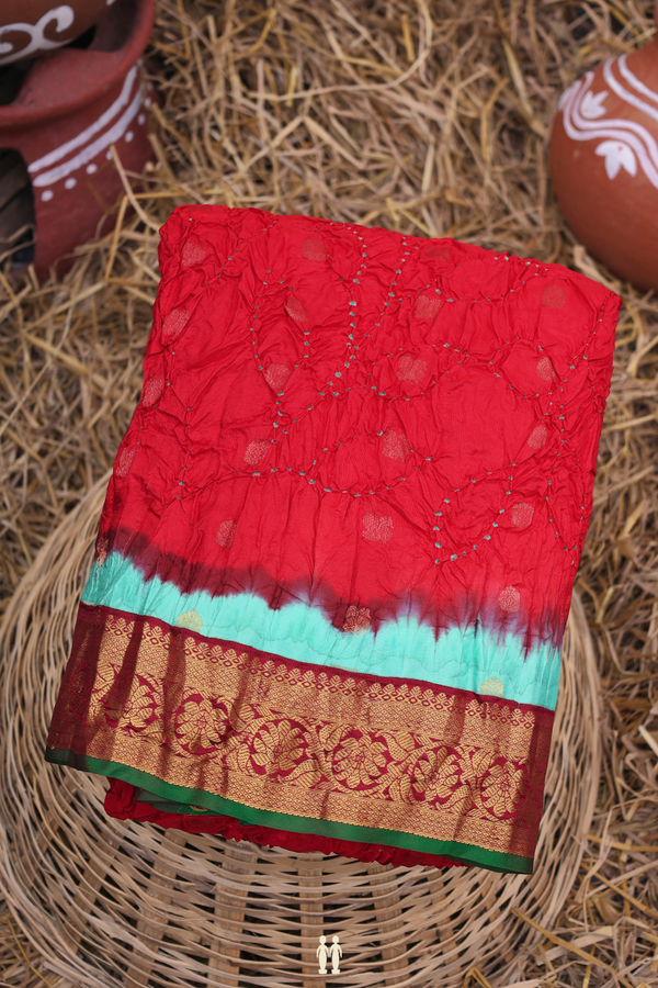 Bandhani Silk Saree In Scarlet Red With Tie And Dye Design
