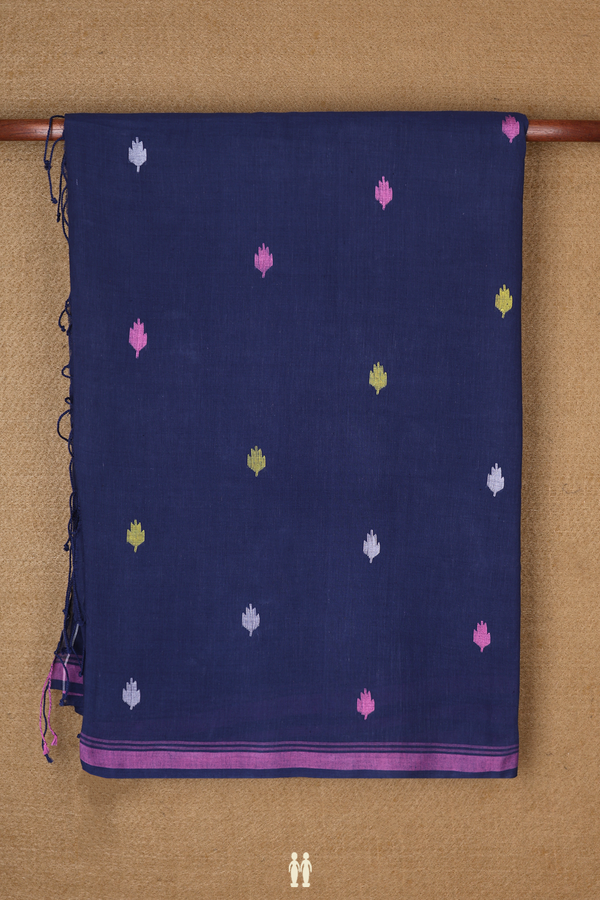 Bengal Cotton Saree In Berry Blue With Threadwork Buttas