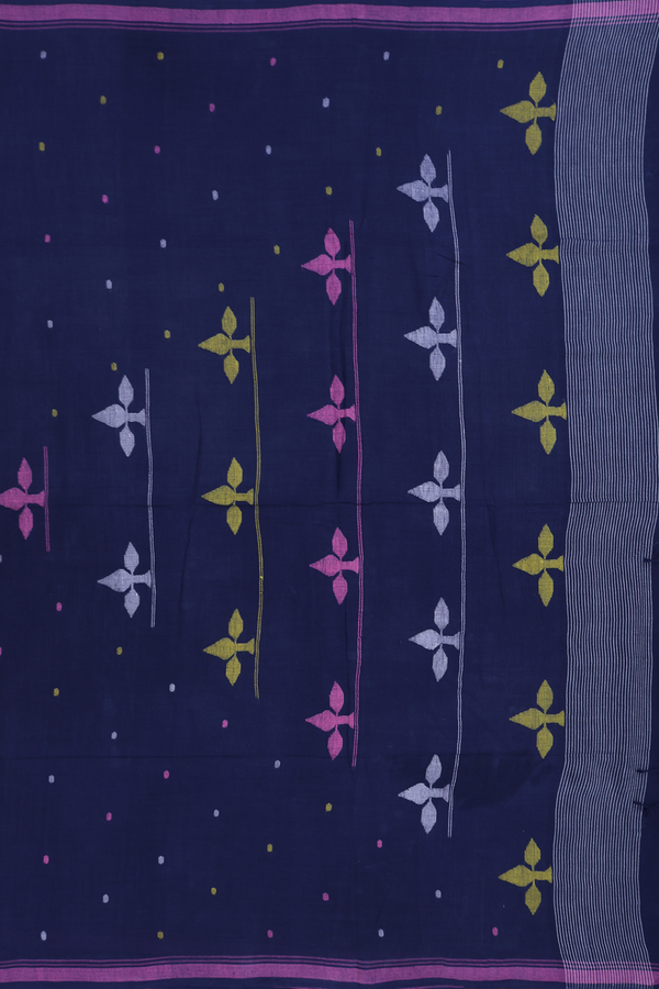 Bengal Cotton Saree In Berry Blue With Threadwork Buttas