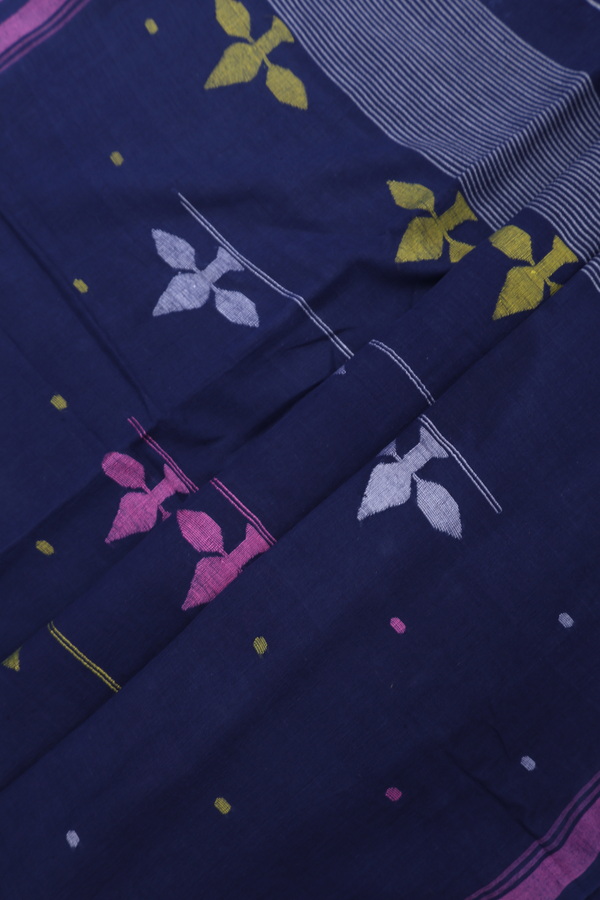 Bengal Cotton Saree In Berry Blue With Threadwork Buttas