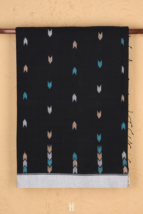 Bengal Cotton Saree In Black With Threadwork Buttas