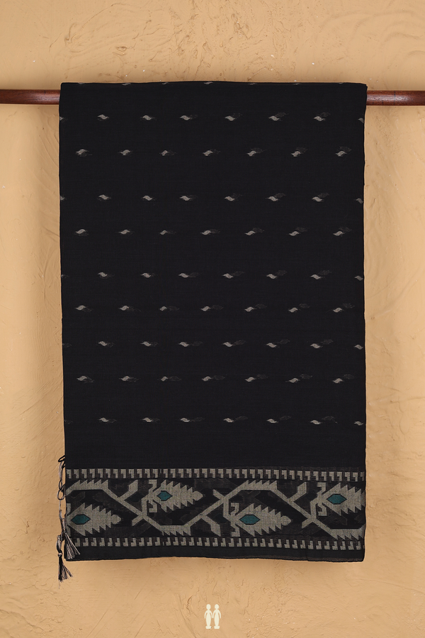 Bengal Cotton Saree In Black With Threadwork Buttas