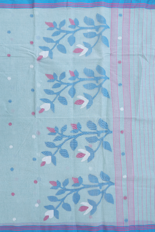 Bengal Cotton Saree In Blue With Threadwork Buttas