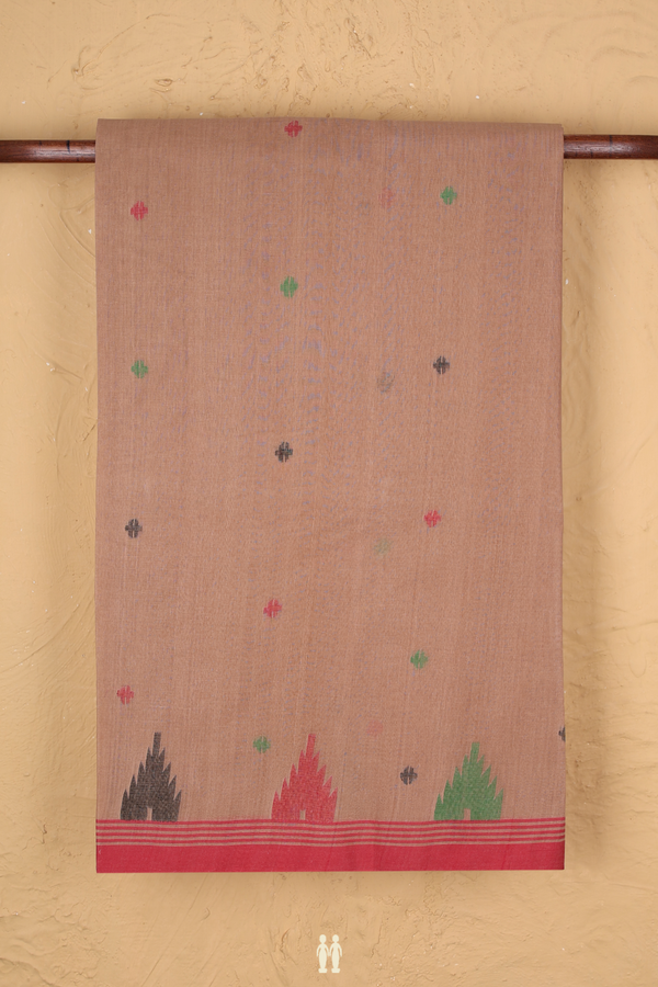 Bengal Cotton Saree In Brown With Threadwork Buttas