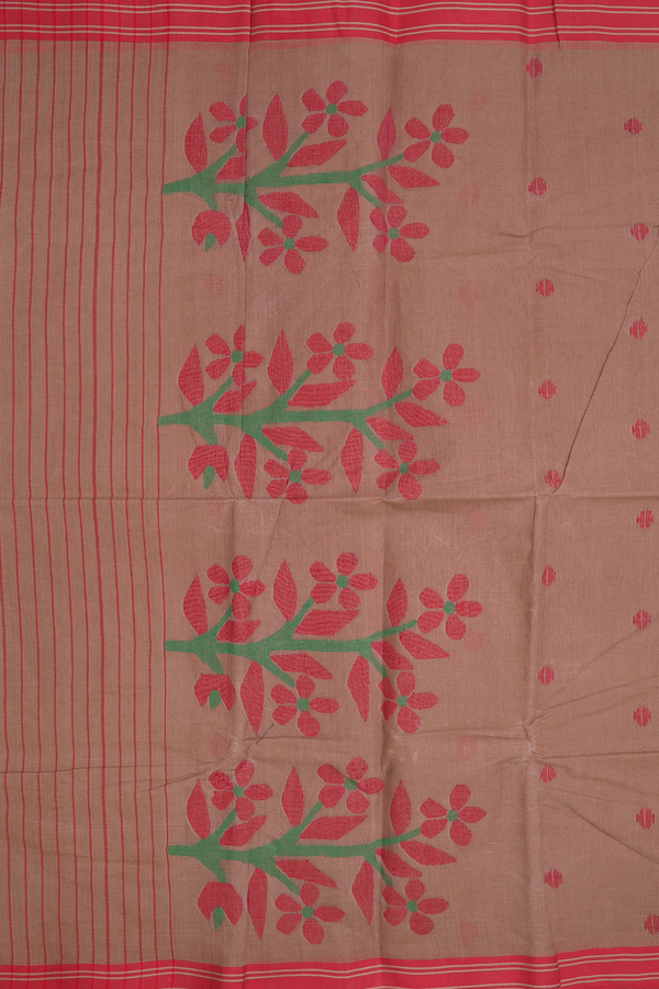 Bengal Cotton Saree In Brown With Threadwork Buttas