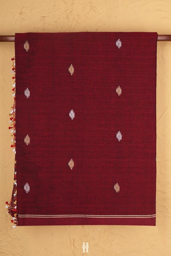 Bengal Cotton Saree In Burgundy Red With Threadwork Buttas