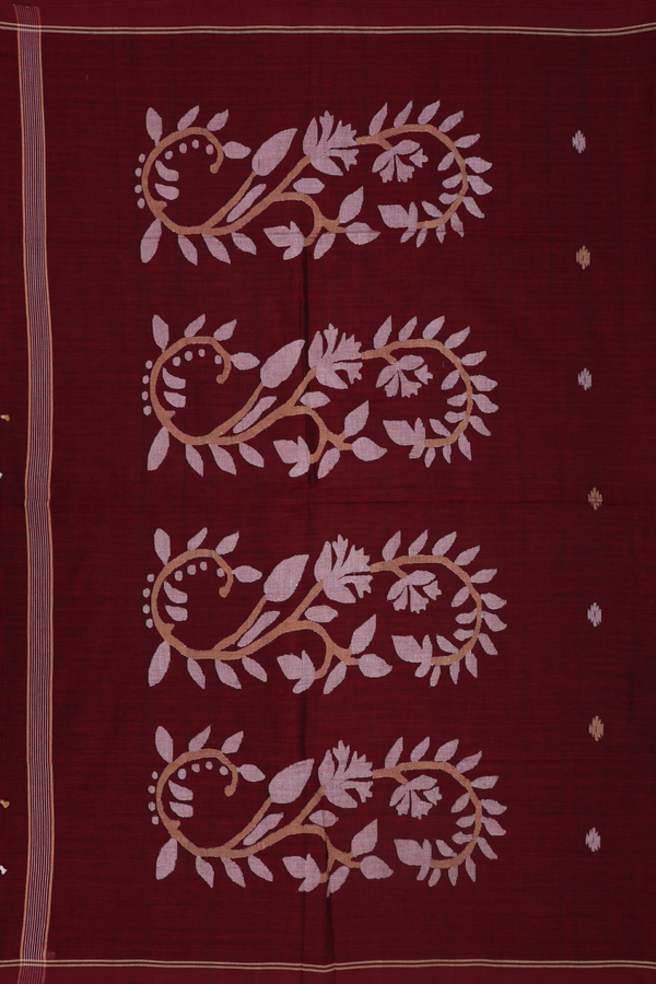 Bengal Cotton Saree In Burgundy Red With Threadwork Buttas