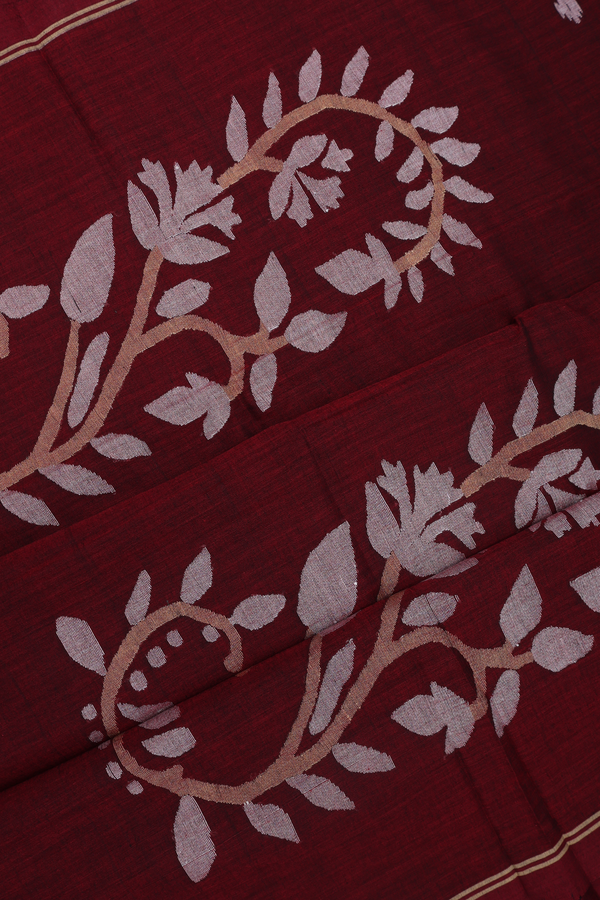Bengal Cotton Saree In Burgundy Red With Threadwork Buttas