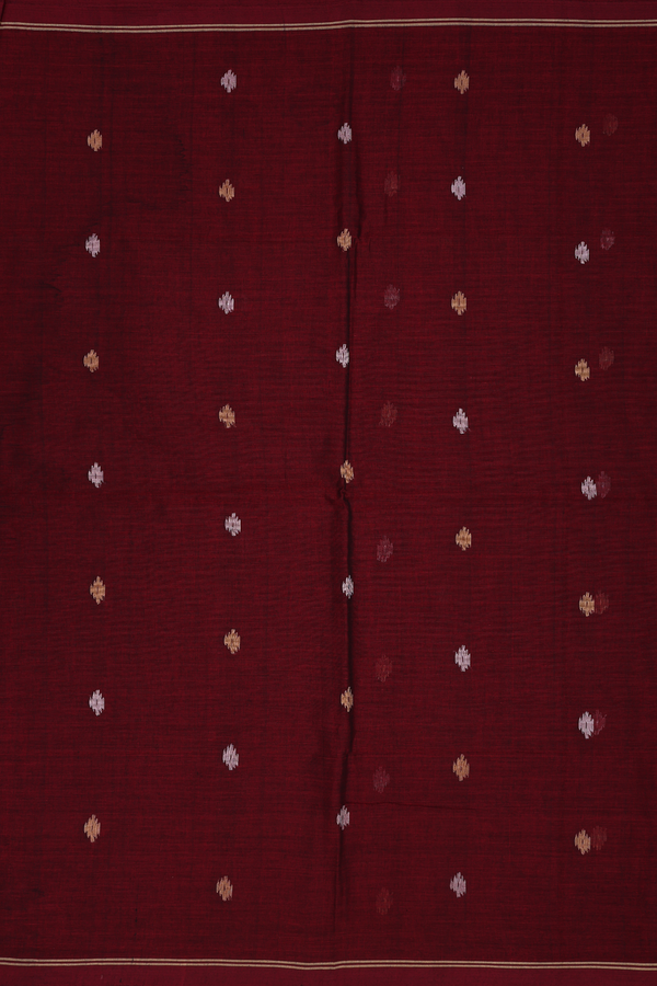 Bengal Cotton Saree In Burgundy Red With Threadwork Buttas