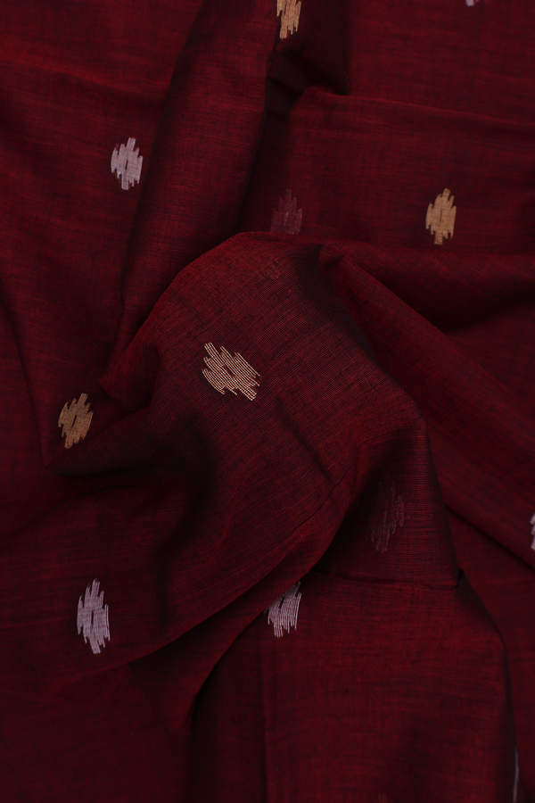 Bengal Cotton Saree In Burgundy Red With Threadwork Buttas