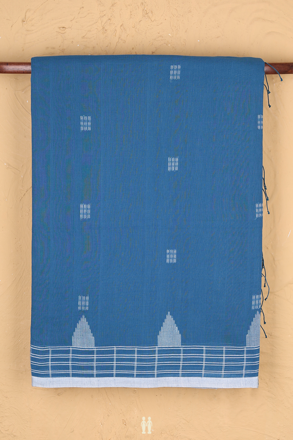 Bengal Cotton Saree In Capri Blue With Threadwork Buttas