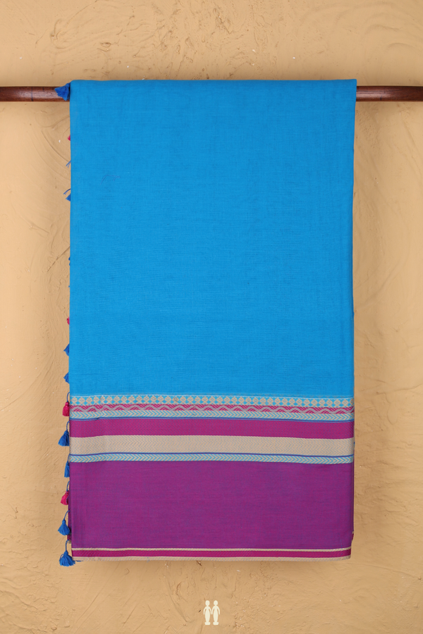 Bengal Cotton Saree In Cerulean Blue With Contrast Border