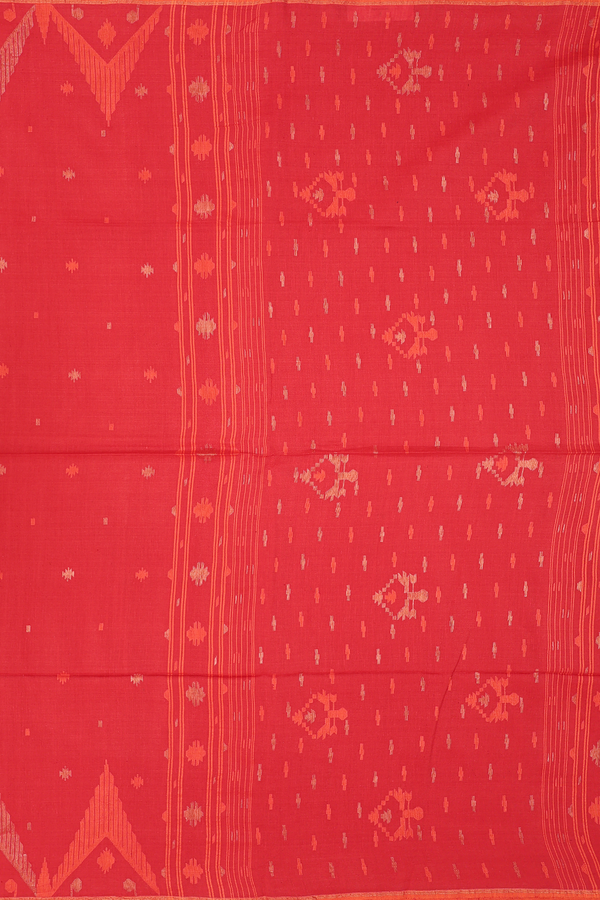 Bengal Cotton Saree In Chilli Red With Threadwork Buttas