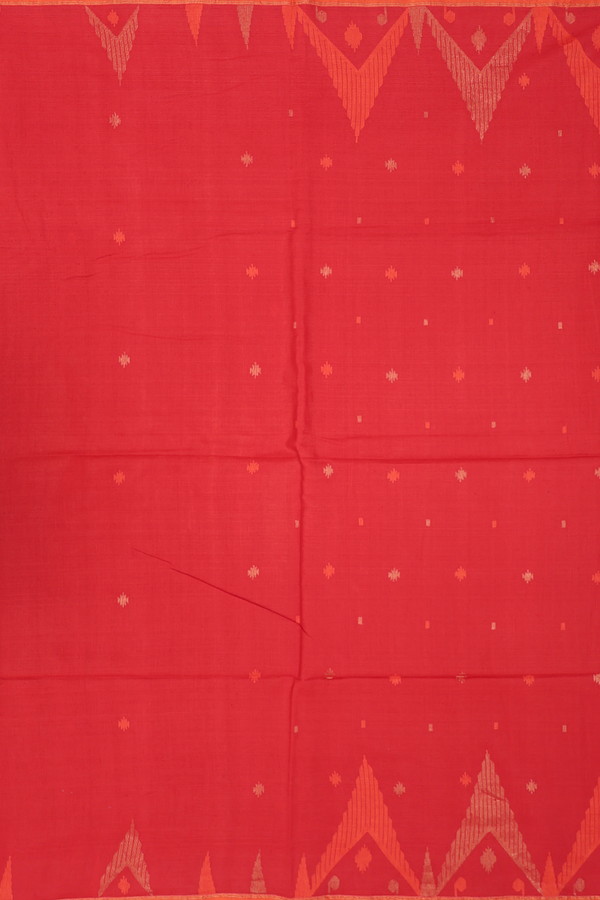 Bengal Cotton Saree In Chilli Red With Threadwork Buttas