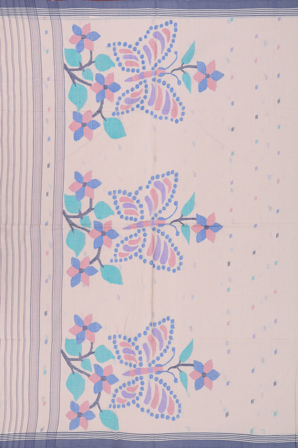 Bengal Cotton Saree In Cream Color With Threadwork Buttas