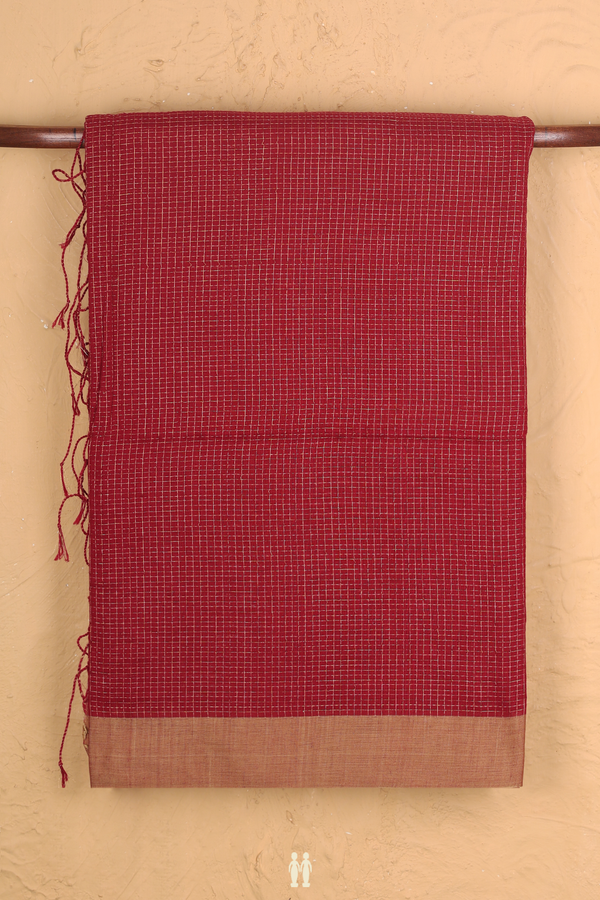 Bengal Cotton Saree In Crimson Red With Checks Design