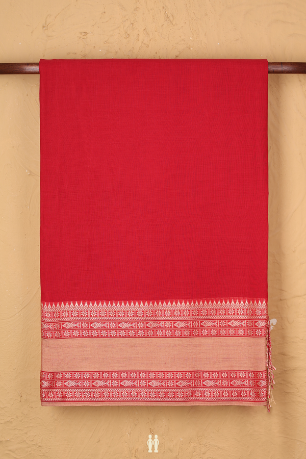 Bengal Cotton Saree In Chilli Red With Threadwork Border