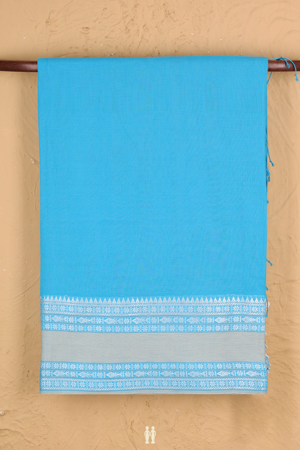 Bengal Cotton Saree In Deep Sky Blue With Threadwork Border