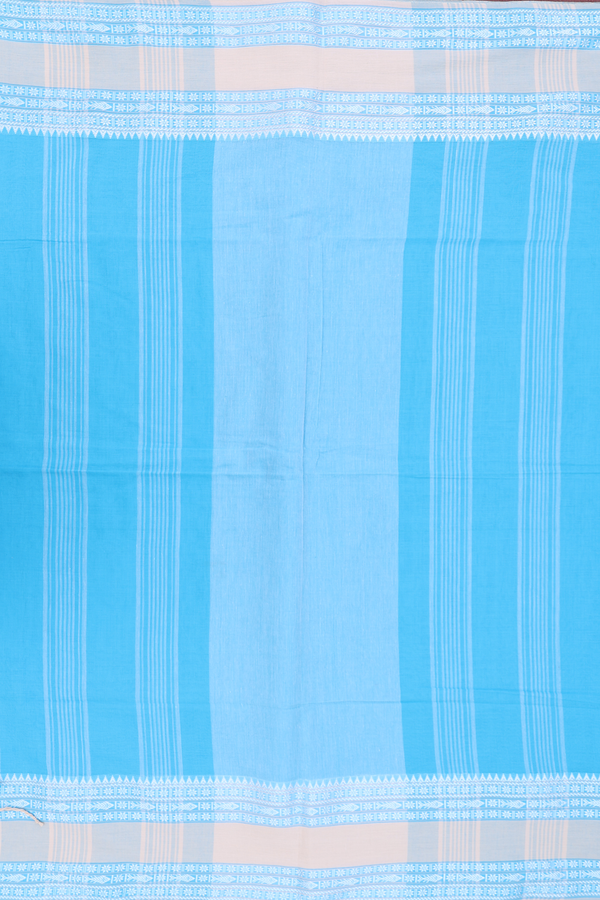 Bengal Cotton Saree In Deep Sky Blue With Threadwork Border