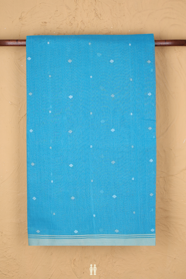 Bengal Cotton Saree In Deep Sky Blue With Threadwork Buttas