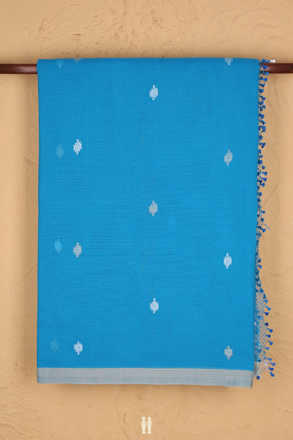 Bengal Cotton Saree In Deep Sky Blue With Threadwork Buttas