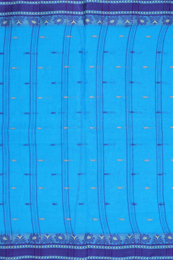 Bengal Cotton Saree In Deep Sky Blue With Threadwork Buttas