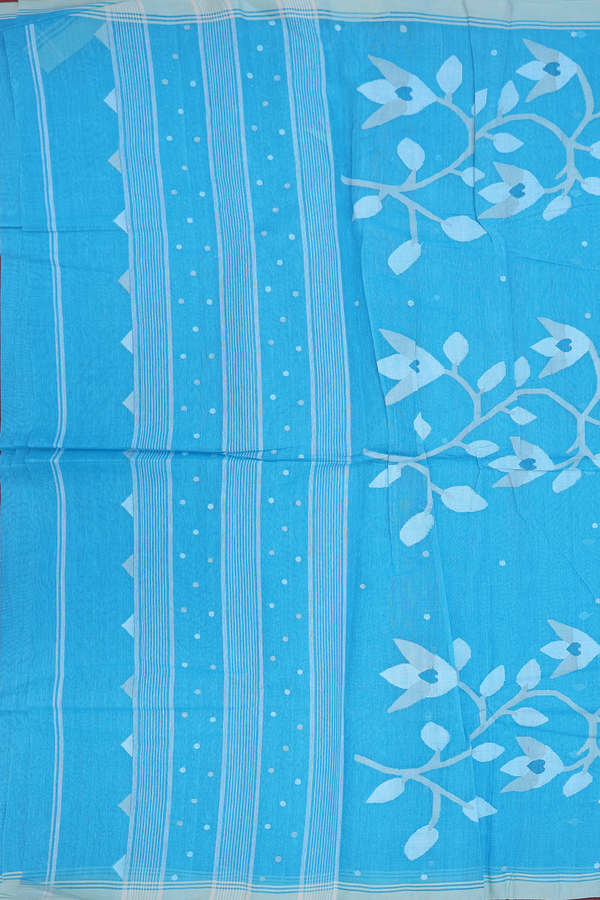 Bengal Cotton Saree In Deep Sky Blue With Threadwork Buttas