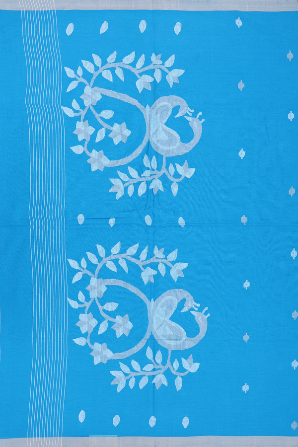 Bengal Cotton Saree In Deep Sky Blue With Threadwork Buttas